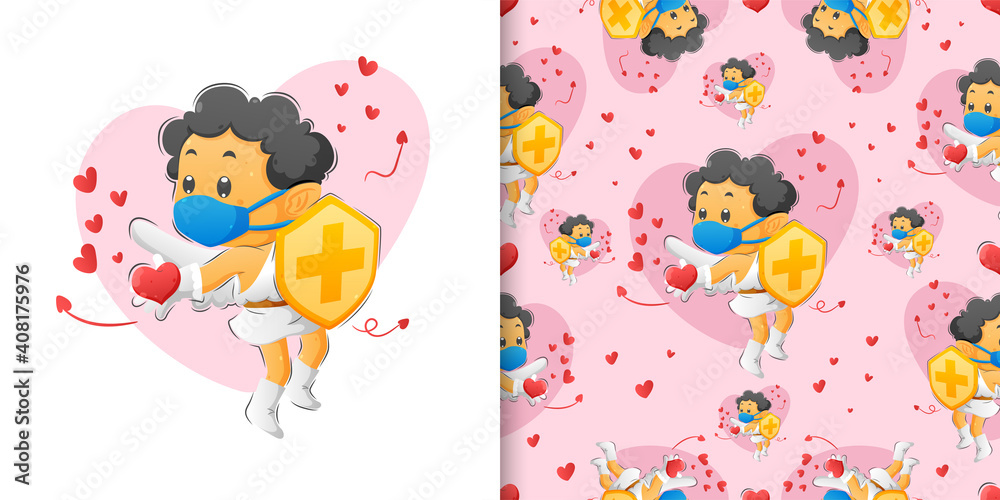 The pattern set of the cupid boy holding shield and spreading the love to the people