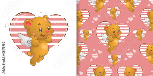 The seamless pattern of little fairy bear with the wings giving a lot of love in her expression