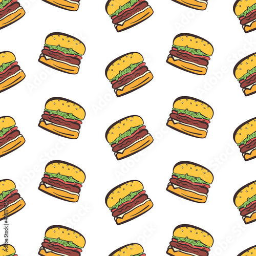 Cartoon seamless pattern with bright colorful hamburgers on white background. Doodle vector burger texture for fast food restaurant or cafe menu banners, textile, wrapping paper, package, cover