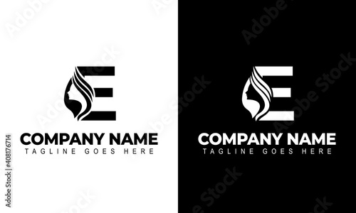 Letter E Beauty Women Face Logo Design Vector Illustration