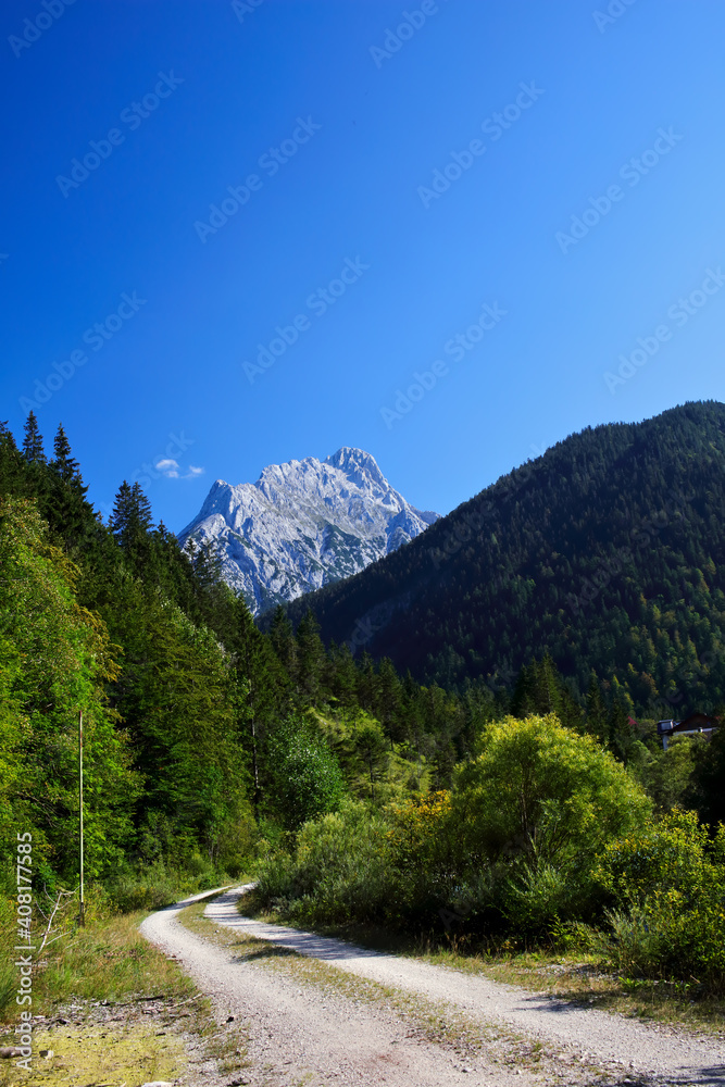 Karwendel Nature Park, Karwendel Mountains, Alpine Park, forest road, farm road, Rißtal, Risstal, mountains, mountain forest, Vomp, Hinterriß, Tyrol, Austria..