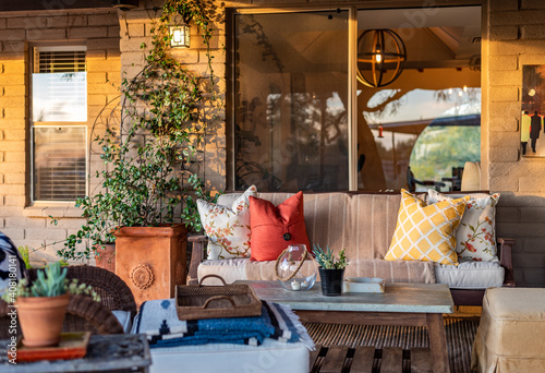 Desert Patio at Sunset with plants, cactus and beautiful landscaped outdoor space