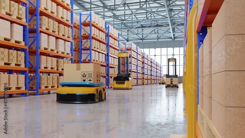 An army of robots efficiently sorting hundreds of parcels per hour(Automated guided vehicle) AGV. photo