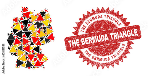 Germany geographic map mosaic in Germany flag official colors - red, yellow, black, and dirty The Bermuda Triangle red rosette stamp seal.