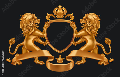 Gold coat of arms lions and crown. 3d vector illustration on black background