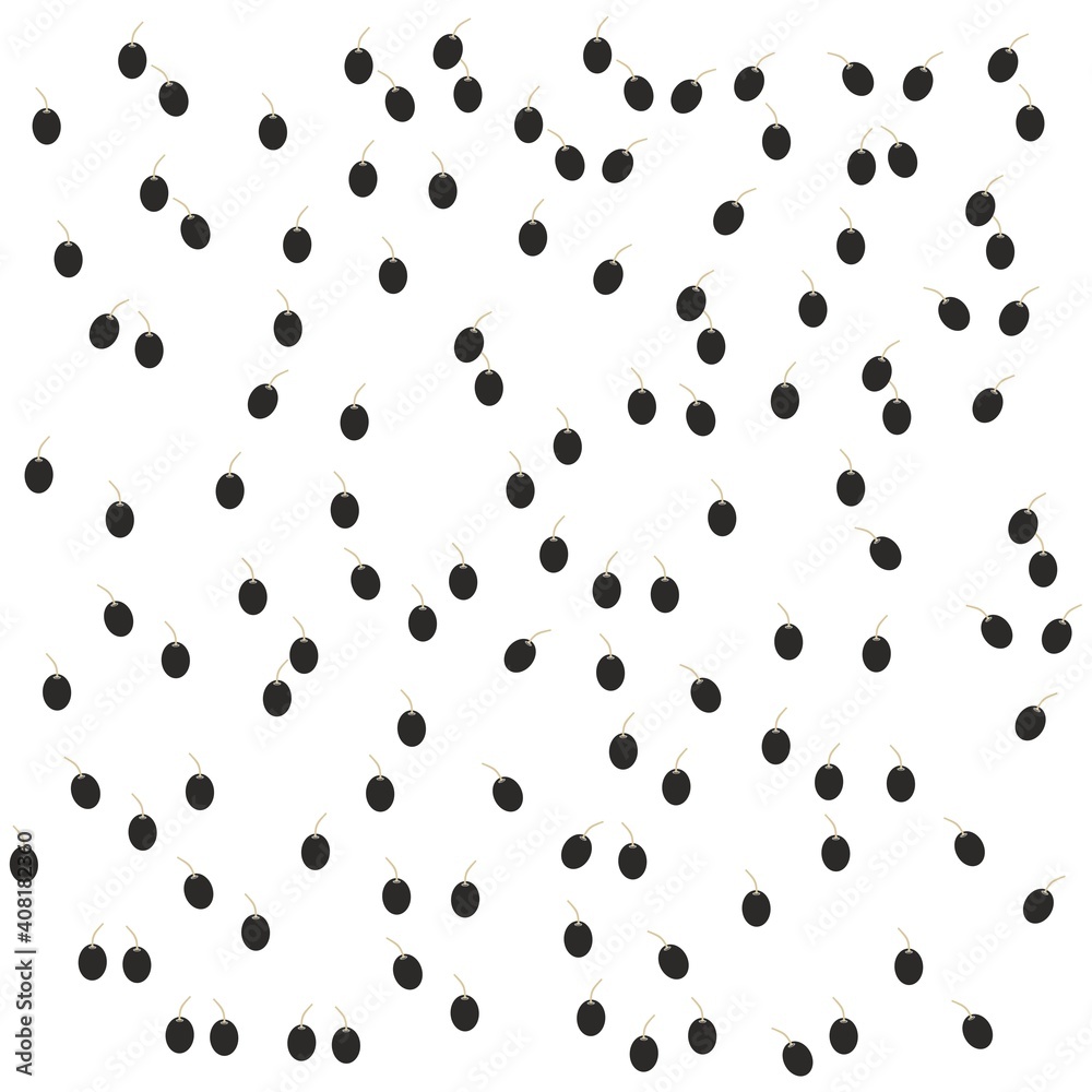 Dark olives with stem. Flat vector illustration. Vector drawn seamless pattern of olive shapes. Natural cosmetic products. Hair care oils. Farm vegetables. Dark olives with stem. Flat vector illustration. Vector drawn seamless pattern of olive shapes. Natural cosmetic products. Hair care oils. Farm vegetables.