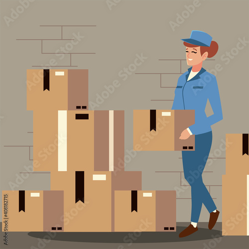 postal service female worker carrying cardbord box