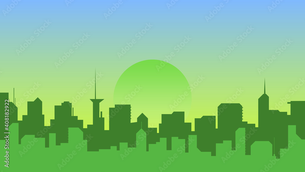 1920 x 1080 City Silhouette with Sun and Dawn Gradient