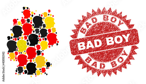 Germany geographic map mosaic in Germany flag official colors - red, yellow, black, and dirty Bad Boy red rosette watermark.