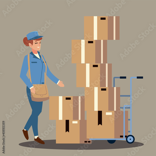 postal service female worker with stacked boxes in cart