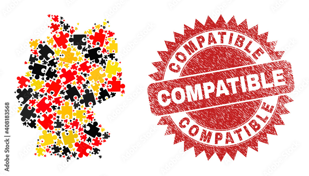 German state map mosaic in German flag official colors - red, yellow, black, and rubber Compatible red rosette stamp seal. Vector puzzle plugin elements are united into conceptual German map mosaic. German state map mosaic in German flag official colors - red, yellow, black, and rubber Compatible red rosette stamp seal. Vector puzzle plugin elements are united into conceptual German map mosaic.