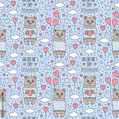 Wallpaper Mural Vector Cute Cartoon Sweater Bears Seamless Pattern. Love Symbols, Valentines Day text, Clouds, Hearts, Balloons, Flag Garland. Holiday background for nursery print design, wrapping paper, textile Torontodigital.ca