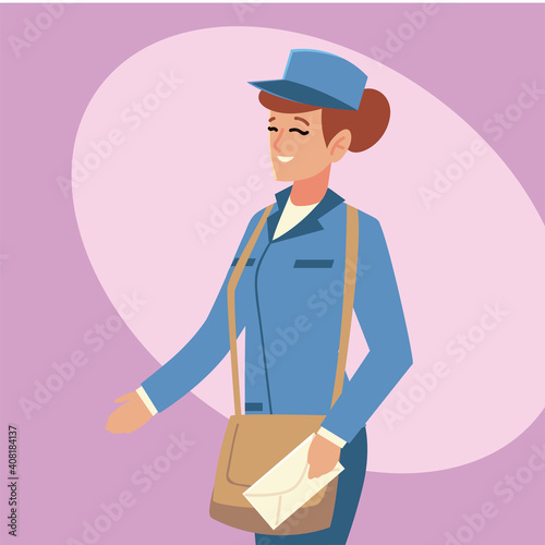 postal service female worker with bag and envelope