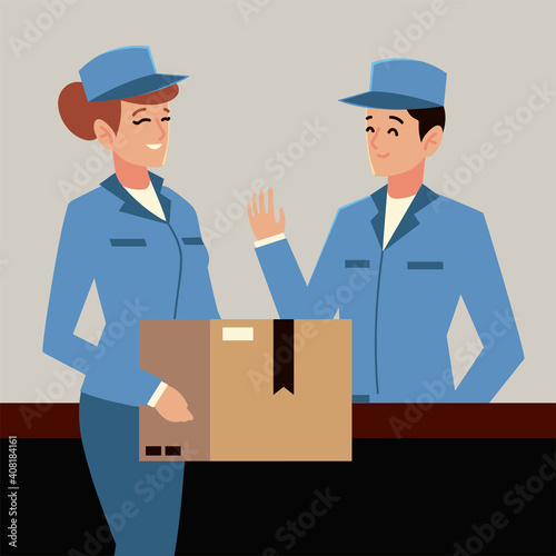 postal service postman and female worker with box characters