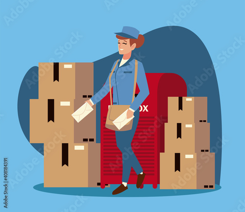 postal service female post worker with mailbox envelope and boxes