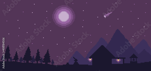 Pixel art lumberjack house background with pines and mountains in night sky. 8bit game scenario 