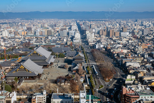 Aerial view of Higashi Honganji and Kyoto downtown cityscape