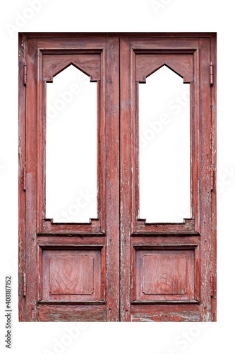 Old wooden door frame painted red vintage isolated on a white background © torsakarin