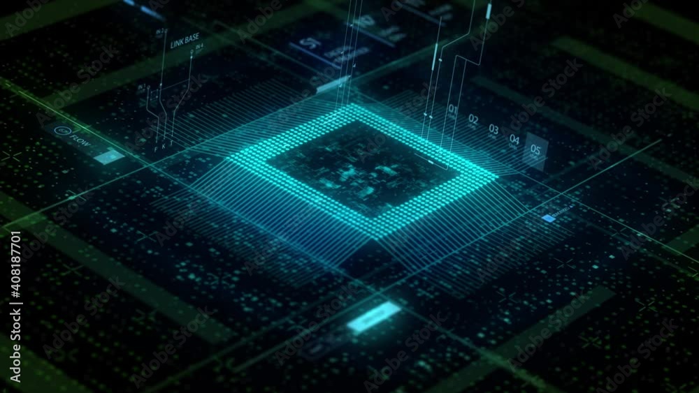 CPU Chip on Motherboard - abstract 3D render of a computer processor chip on a circuit board with microchips and other computer parts