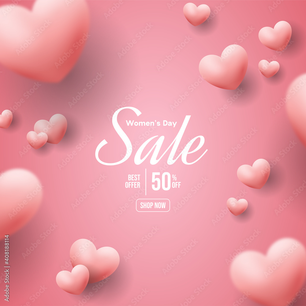 Women's day sale with illustration of pink love balloons being spread.