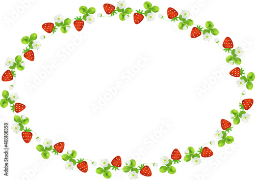 いちごの楕円形フレーム 水彩風の苺と花