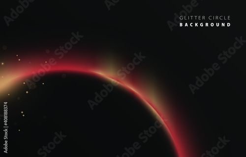 Glitter red neon circle ring frame & sparkle flash light star shimmer vector on black background, shiny glowing metal rose steel round line planet curve, futuristic web poster card print template