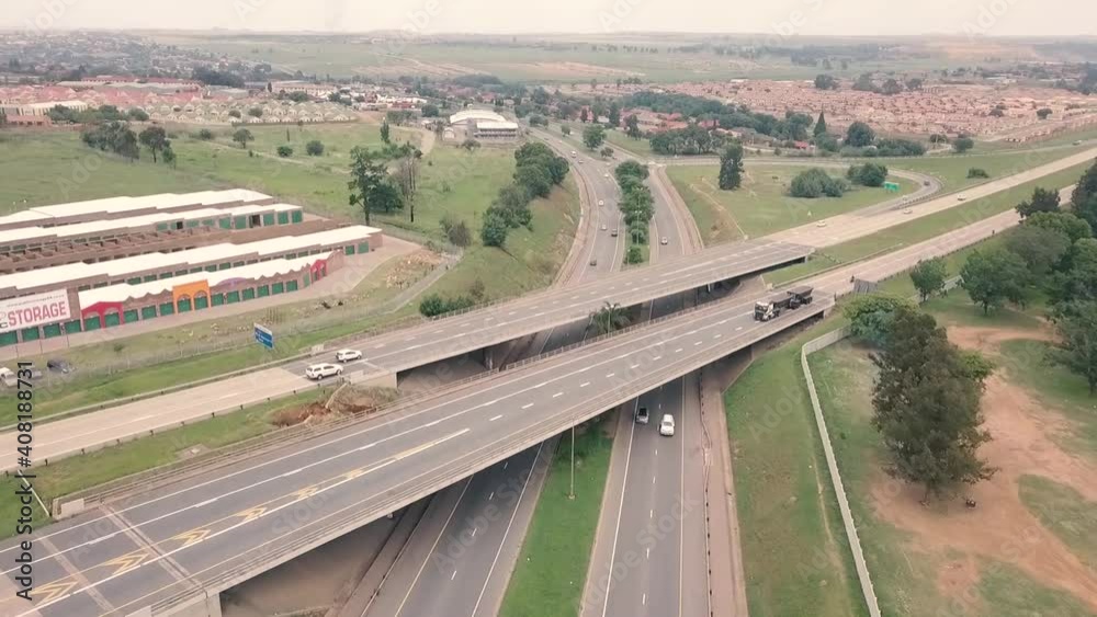 Drone shot overlooking highway intersection in South Africa Drone shot overlooking highway intersection in South Africa