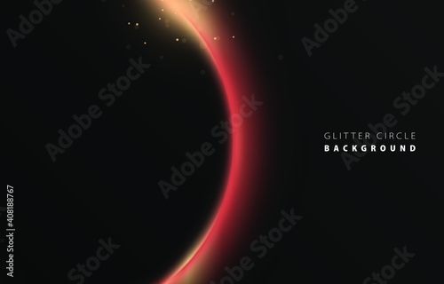 Glitter red neon circle ring frame & sparkle flash light star shimmer vector on black background, shiny glowing metal rose steel round line planet curve, futuristic web poster card print template