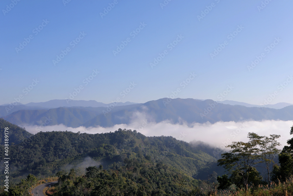 Sea of fog is covering forest. Sea of ​​mist at Nan Province, Thailand.