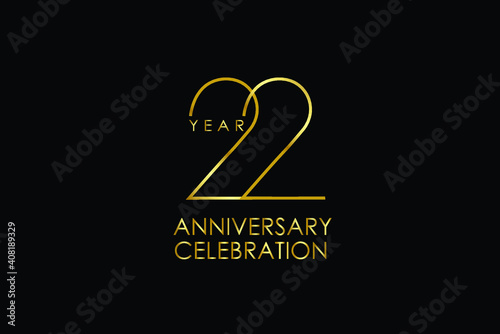 Luxury Black Gold 22 years anniversary, minimalist logo years, jubilee, Ribbon greeting card. Birthday invitation. Gold space vector illustration on black background - Vector