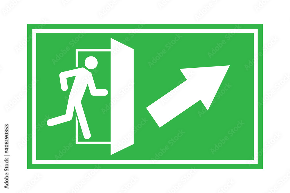 Green emergency exit up right. Fire sign. Danger symbol vector illustration. Protection symbol. Stock image. EPS 10. Green emergency exit up right. Fire sign. Danger symbol vector illustration. Protection symbol. Stock image. EPS 10.