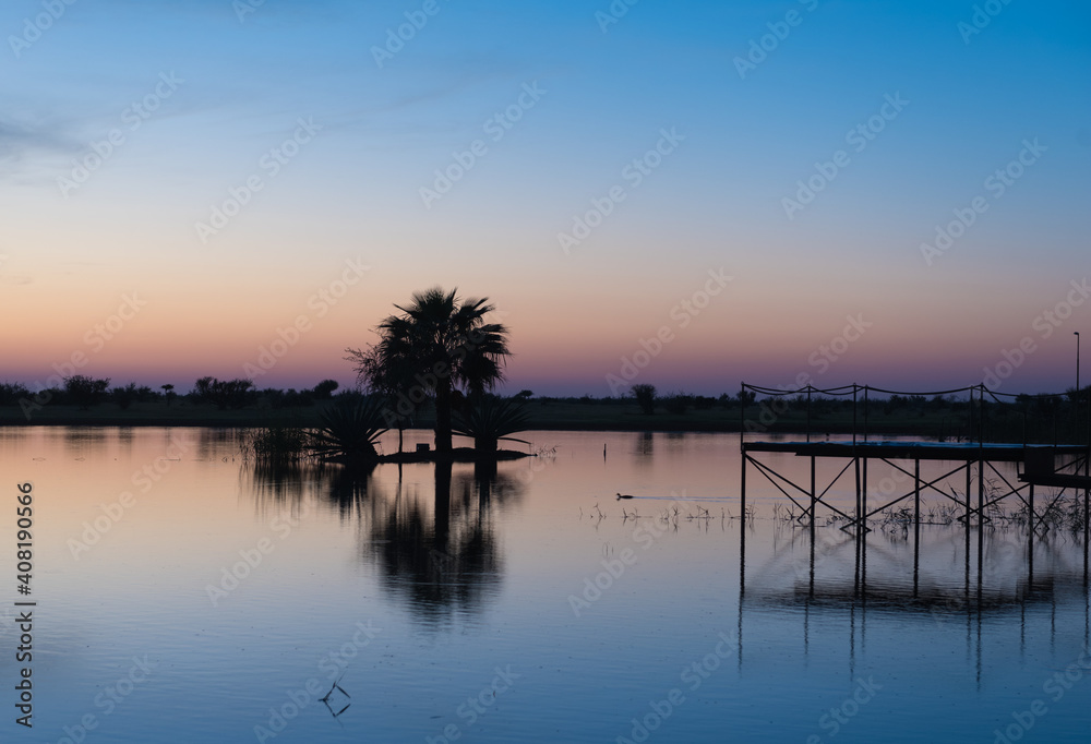 Palm Tree And Footbridge At A Lake At Dusk Hardap Namibia