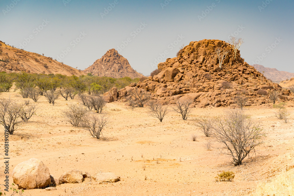 Landscape With Rocks And White Trees At Twyfelfontein Namibia Landscape With Rocks And White Trees At Twyfelfontein Namibia