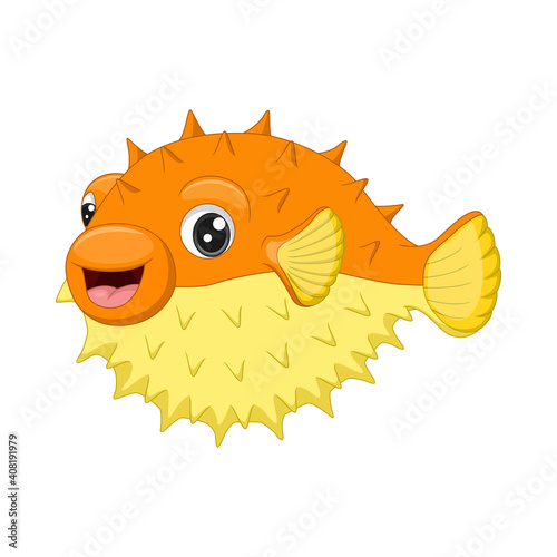 Cartoon funny puffer fish on white background