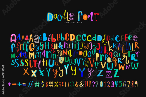 Alphabet symbol doodle vector font style colorful set