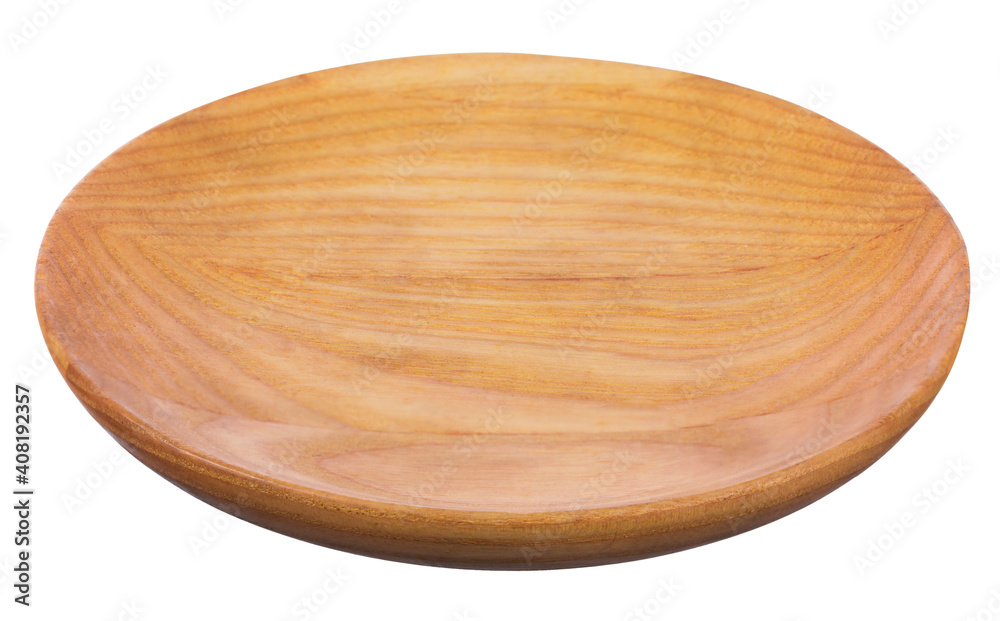 Empty wooden bowls with wooden saucers isolated on white background with cutting path Empty wooden bowls with wooden saucers isolated on white background with cutting path