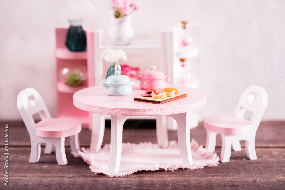 miniature table with h chairs in the living room, living room interior made of wood and plants, minimalistic concept. Miniature Wooden Toy Furniture for Children