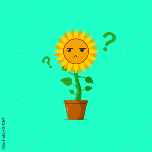 Sunflower character feeling confused isolated on a green background. Sunflower character emoticon illustration