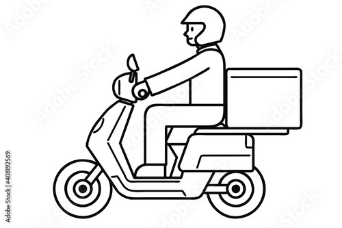 Deliveryman on a motorcycle. Vector line art illustration.
