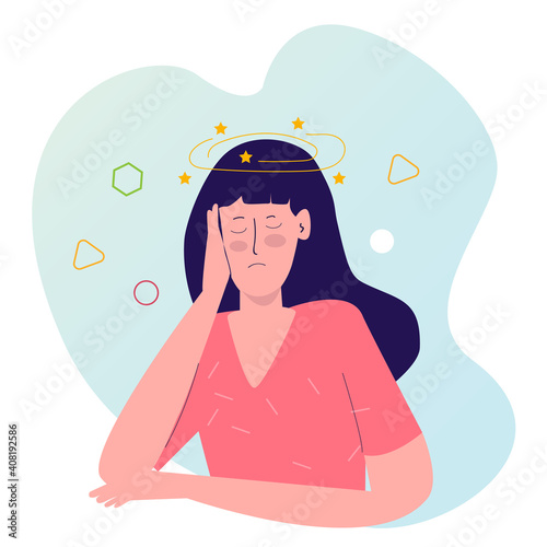 dizzy women star around head with cartoon flat style