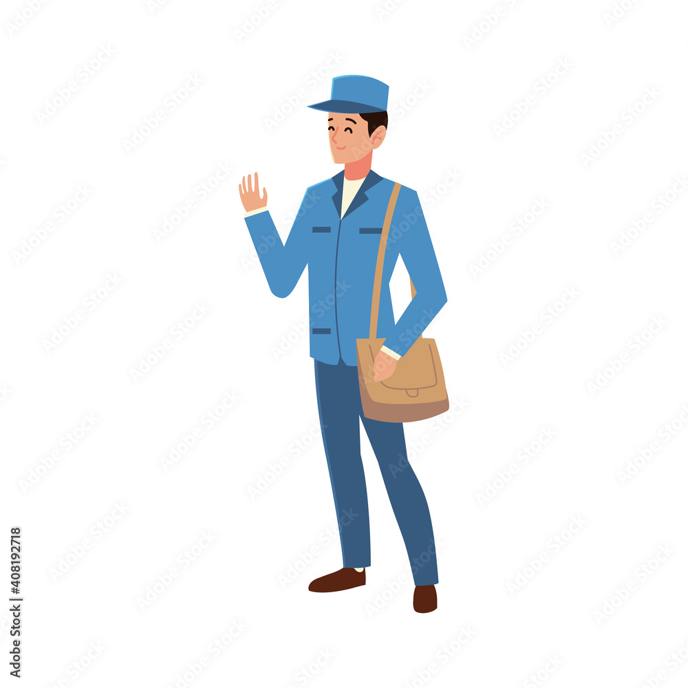 postman character in blue uniform and bag work