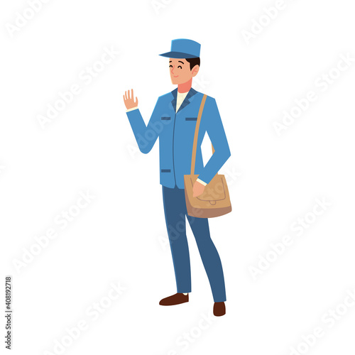 postman character in blue uniform and bag work