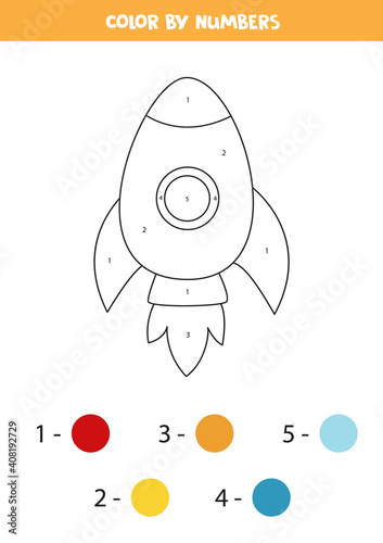 Color by numbers game for preschoolers. Cartoon rocket.
