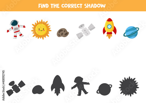 Find the right shadow of astronaut, sun, rocket, satellite, Uranus and asteroid.