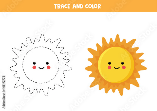 Trace and color cartoon cute Sun. Funny worksheet for kids.