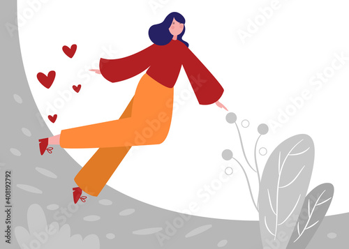 girl fly around flower heart shape with cartoon flat style