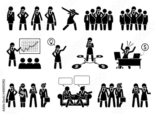 Professional businesswoman or business lady stick figures pictogram. Vector illustrations of successful business woman, female CEO, and girl corporate executives in a company.
