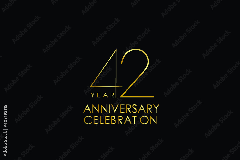 Luxury Black Gold 42 years anniversary, minimalist logo years, jubilee, Ribbon greeting card. Birthday invitation. Gold space vector illustration on black background - Vector