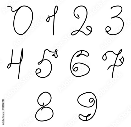 Numbers From Zero to Nine, doodle numbers silhouette isolated on white background. Hand drawn numbers isolated on white background sketch style