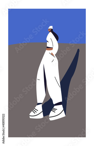 Young woman in stylish clothes. Fashion clothes concept on white background. Fashionable illustration in a minimalist style. Flat vector illustration.